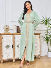 Turkish Abaya For Women Fashion Chic Tape Trim Full Sleeve V-Neck Belted Clothing Muslim Elegant Long Dresses Female Green Dress